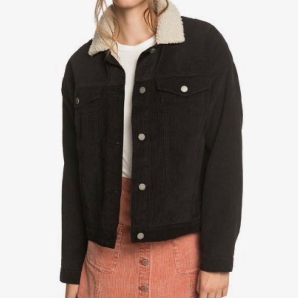 Roxy Black Corduroy Sherpa Collar Jacket